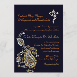 Ganesh Jewelled Gold Silver Paisley Hindu Wedding Invitation