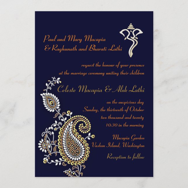 Ganesh Jewelled Gold Silver Paisley Hindu Wedding Programme (Front)