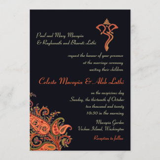 Ganesh Navy Blue Orange Paisley Hindu Wedding Invitation