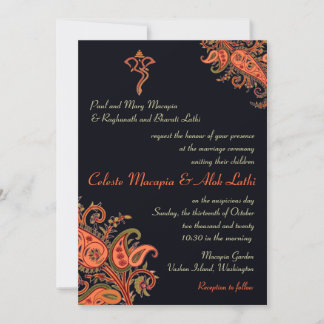 Ganesh Navy Blue Orange Paisley Hindu Wedding Invitation