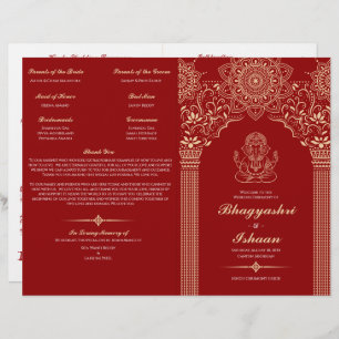 Ganesh Red Hindu Wedding Ceremony Folded Program