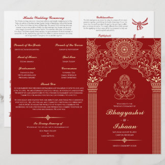 Ganesh Red Hindu Wedding Ceremony Folded Program 