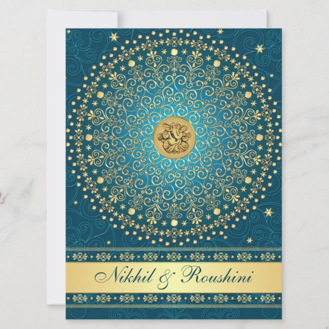 Ganesh Teal Gold Scrolls Wedding Invite LARGE (Front)