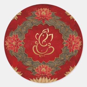 Ganesh Wedding   Indian Wedding Gold Lotus Red Classic Round Sticker