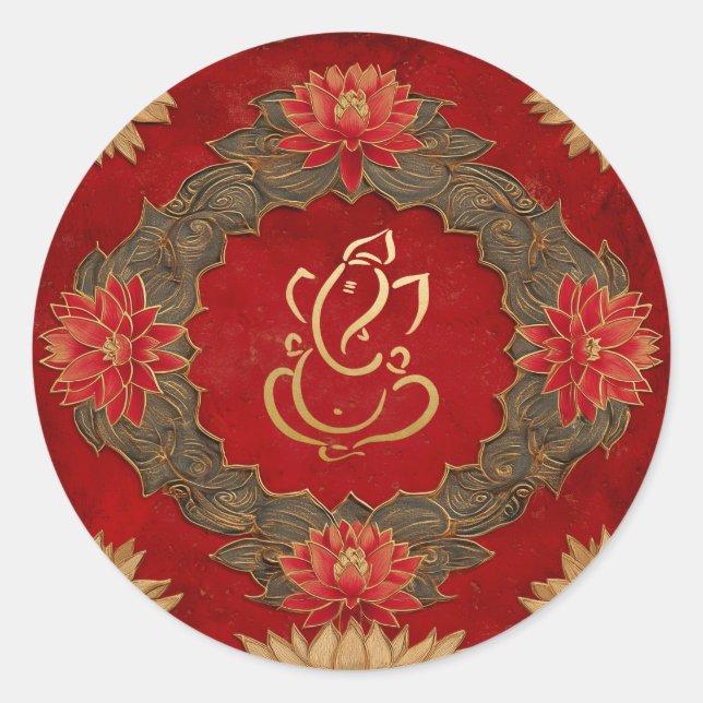 Ganesh Wedding | Indian Wedding Gold Lotus Red Classic Round Sticker (Front)