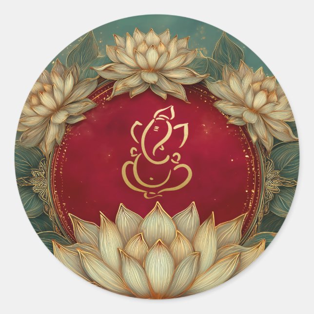 Ganesh Wedding | Indian Wedding Gold Lotus Red Classic Round Sticker (Front)