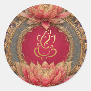 Ganesh Wedding   Indian Wedding Gold Lotus Red Classic Round Sticker
