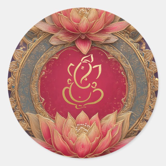 Ganesh Wedding | Indian Wedding Gold Lotus Red Classic Round Sticker (Front)