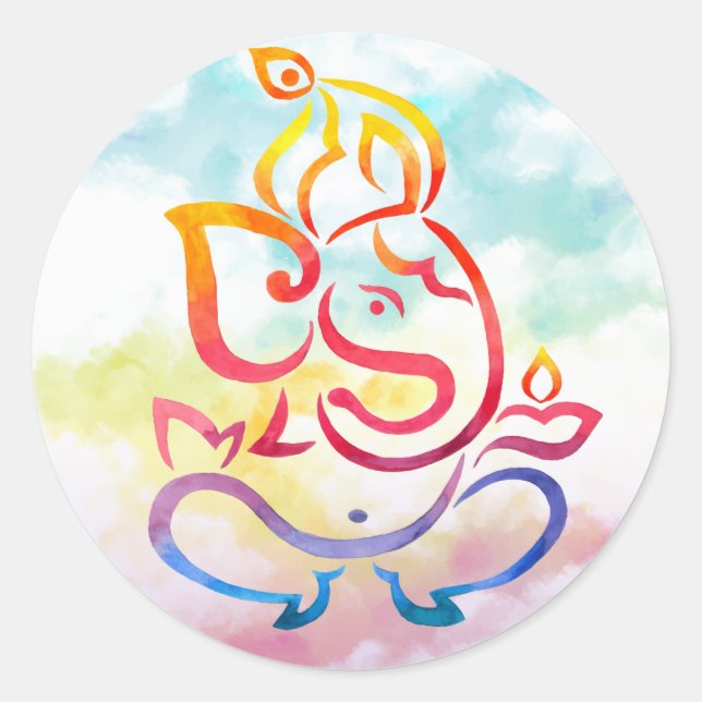 Ganesha illustration on pastel sky background classic round sticker (Front)