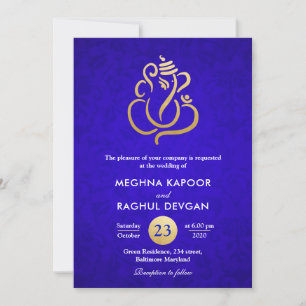 Ganesha/Indian Faux Gold Foil Blue Damask Wedding  Invitation