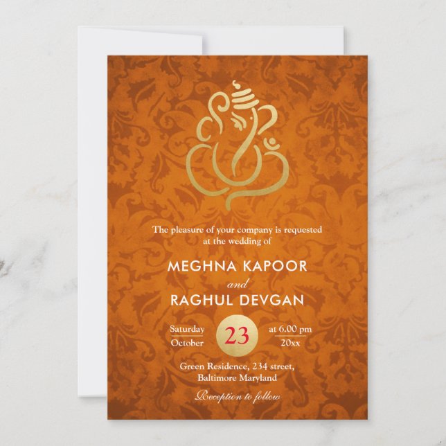 Ganesha/Indian Faux Gold Foil Orange Damask Invitation (Front)
