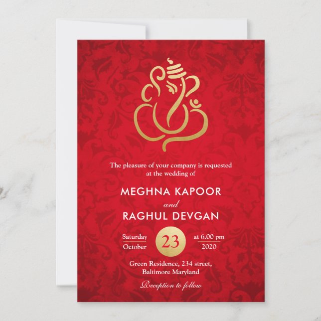 Ganesha/Indian Faux Gold Foil Red Damask Wedding  Invitation (Front)