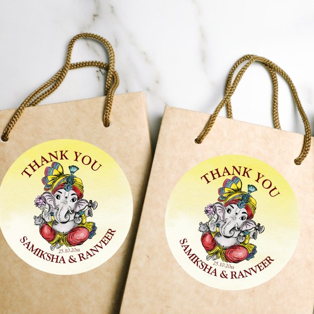 Ganesha Indian wedding favour thank you Classic Round Sticker (Ganesha favor gift thank you stickers yellow background maroon font)