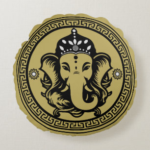 Ganesha Themed Hindu Art Print Round Cushion