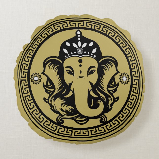 Ganesha Themed Hindu Art Print Round Cushion (Front)