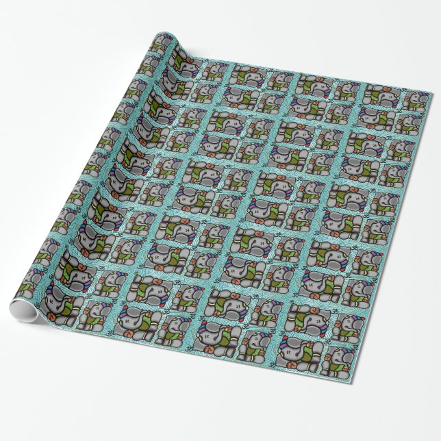 Ganesha Tiles On Turquoise Background Wrapping Paper (Unrolled)
