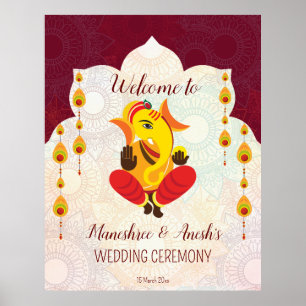 Ganesha with yellow garlands lotus border welcome poster