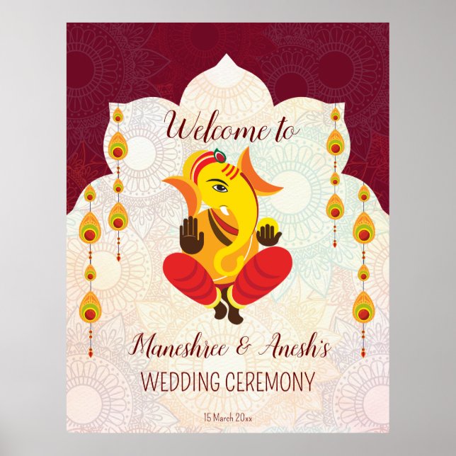 Ganesha with yellow garlands lotus border welcome poster (Front)