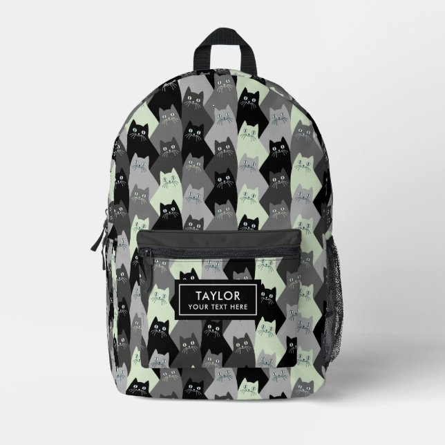 Gang Pattern Black Cats White Gray Printed Backpack (Front)