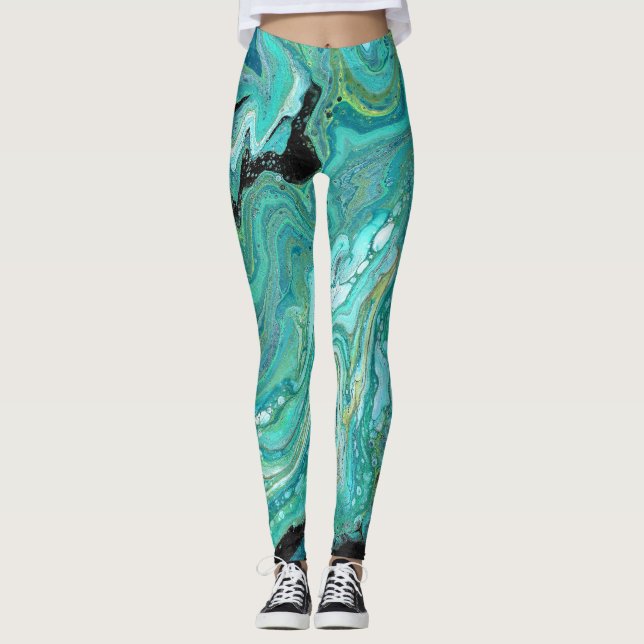 Gangs Back 1 Soothing Blue Green Abstract Leggings (Front)