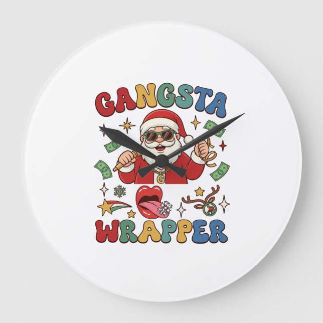 Gangsta Wrapper Christmas Santa Microphone Money Large Clock (Front)