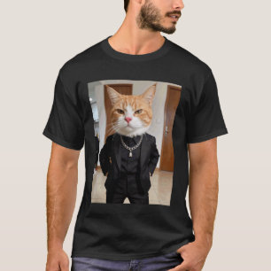 Gangster Cat Black Suit Chain Boss Attitude Orange T-Shirt