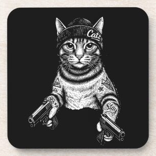 Gangster Cat Tattoo Art   Cool Streetwear Kitty Coaster