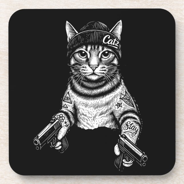Gangster Cat Tattoo Art | Cool Streetwear Kitty Coaster (Front)