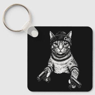 Gangster Cat Tattoo Art   Cool Streetwear Kitty Key Ring