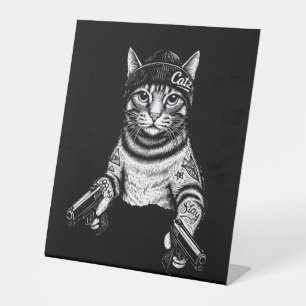Gangster Cat Tattoo Art   Cool Streetwear Kitty Pedestal Sign