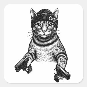 Gangster Cat Tattoo Art   Cool Streetwear Kitty Square Sticker