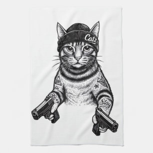 Gangster Cat Tattoo Art   Cool Streetwear Kitty Tea Towel