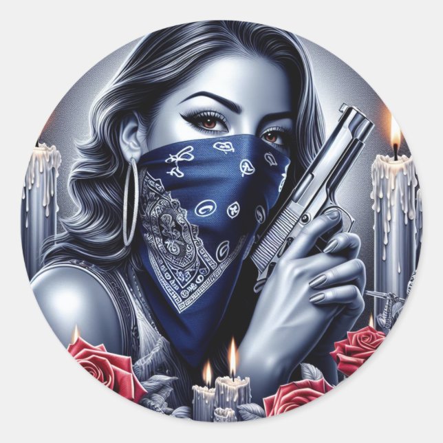 Gangster Girl Hip Hop chicano art Design Classic Round Sticker (Front)