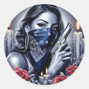 Gangster Girl Hip Hop chicano art Design Classic Round Sticker