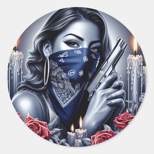 Gangster Girl Hip Hop chicano art Design Classic Round Sticker (Front)