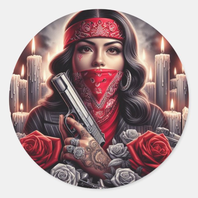 Gangster Girl Hip Hop chicano art graphic Classic Round Sticker (Front)