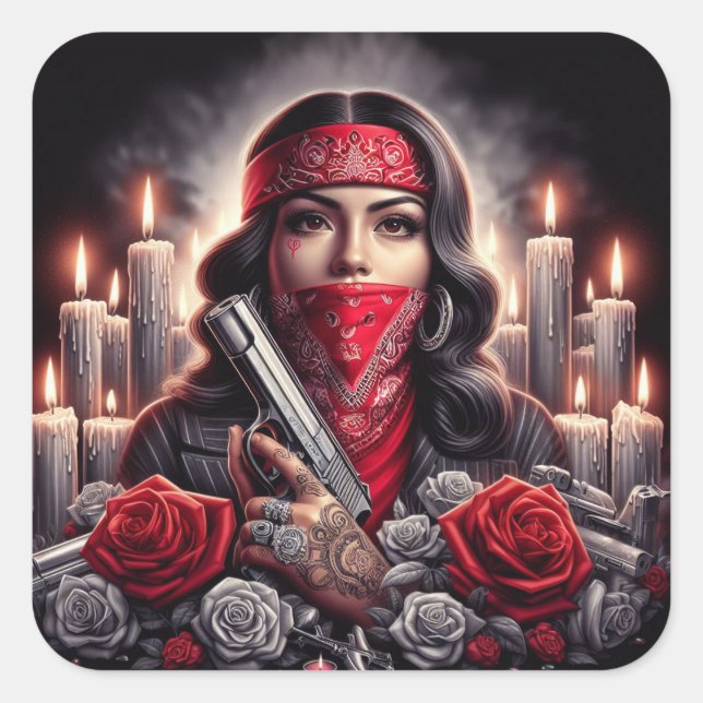 Gangster Girl Hip Hop chicano art graphic Square Sticker (Front)