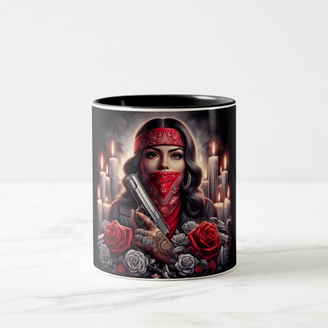 Gangster Girl Hip Hop chicano art graphic Two-Tone Coffee Mug (Center)