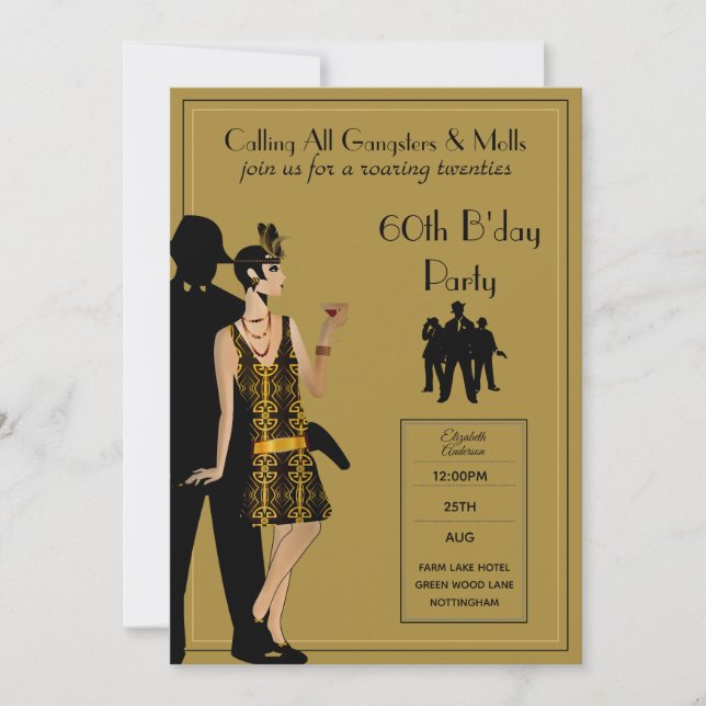 Gangster Moll 1920s Flapper Black Gold 60th Party Invitation (Front)