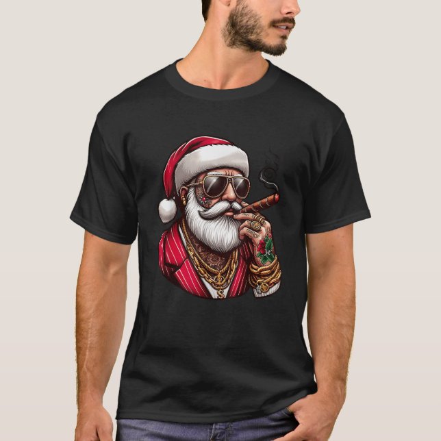 Gangster Santa Claus Smoking Cigar Christmas Hipst T-Shirt (Front)