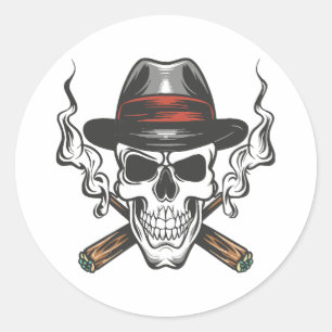 Gangster skull with fedora hat classic round sticker