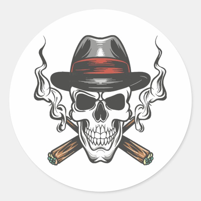 Gangster skull with fedora hat classic round sticker (Front)
