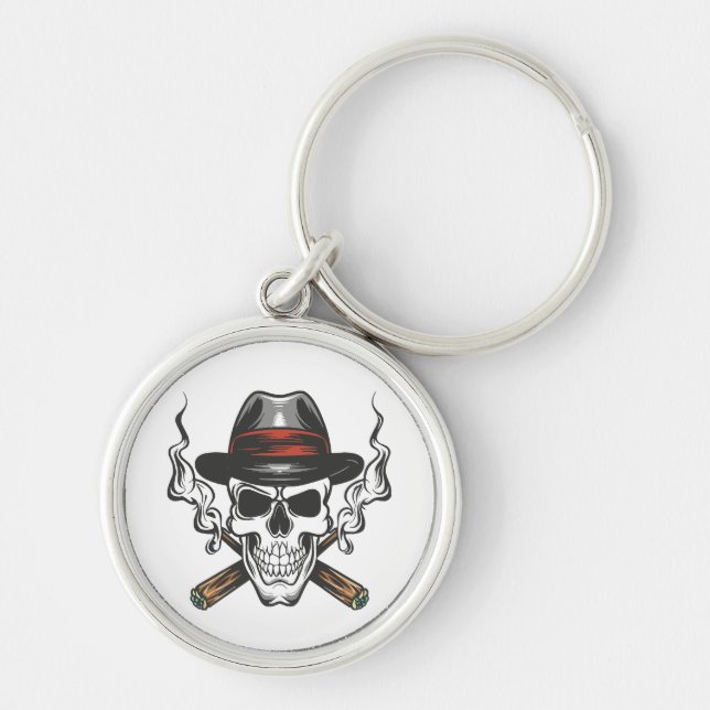 Gangster skull with fedora hat key ring (Front)