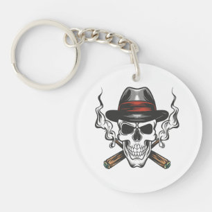 Gangster skull with fedora hat key ring