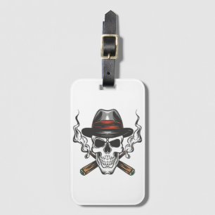 Gangster skull with fedora hat luggage tag