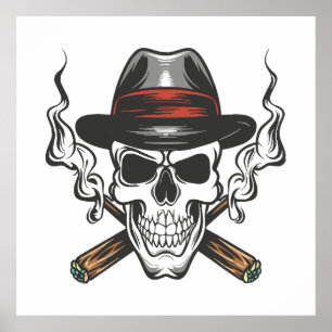 Gangster skull with fedora hat poster