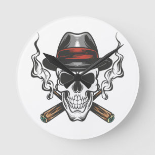 Gangster skull with fedora hat round clock