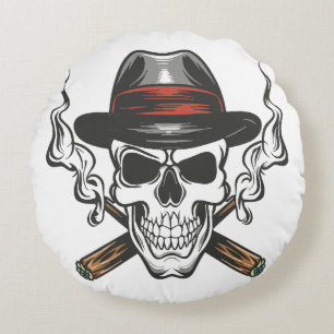 Gangster skull with fedora hat round cushion