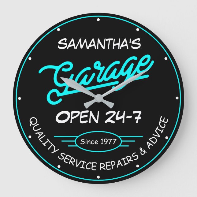 Garage Any Name and Date White Aqua Retro Black Large Clock (Front)