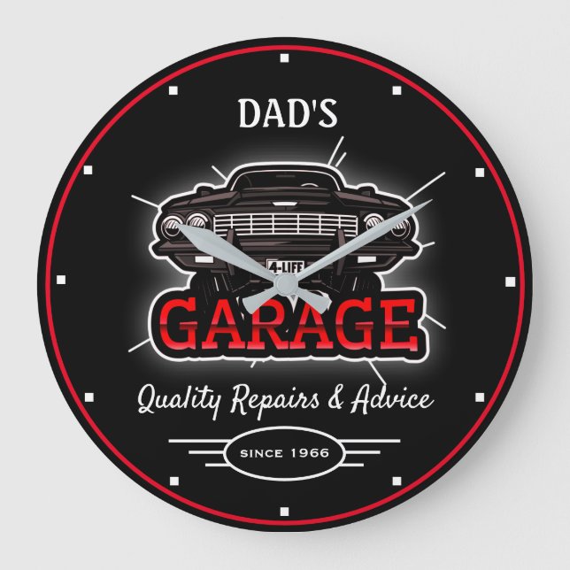 Garage Any Name Retro Car Since Date Red Black  La Large Clock (Front)